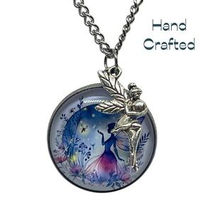 Hand Crafted Blue Black Silver Fairy Pendant Necklace & Earring Set OS